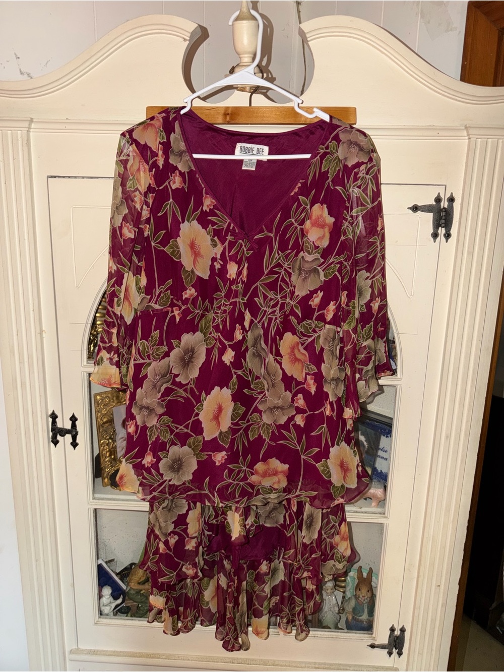 Floral Burgundy 100% Silk V-Neck Skirt Set 18W